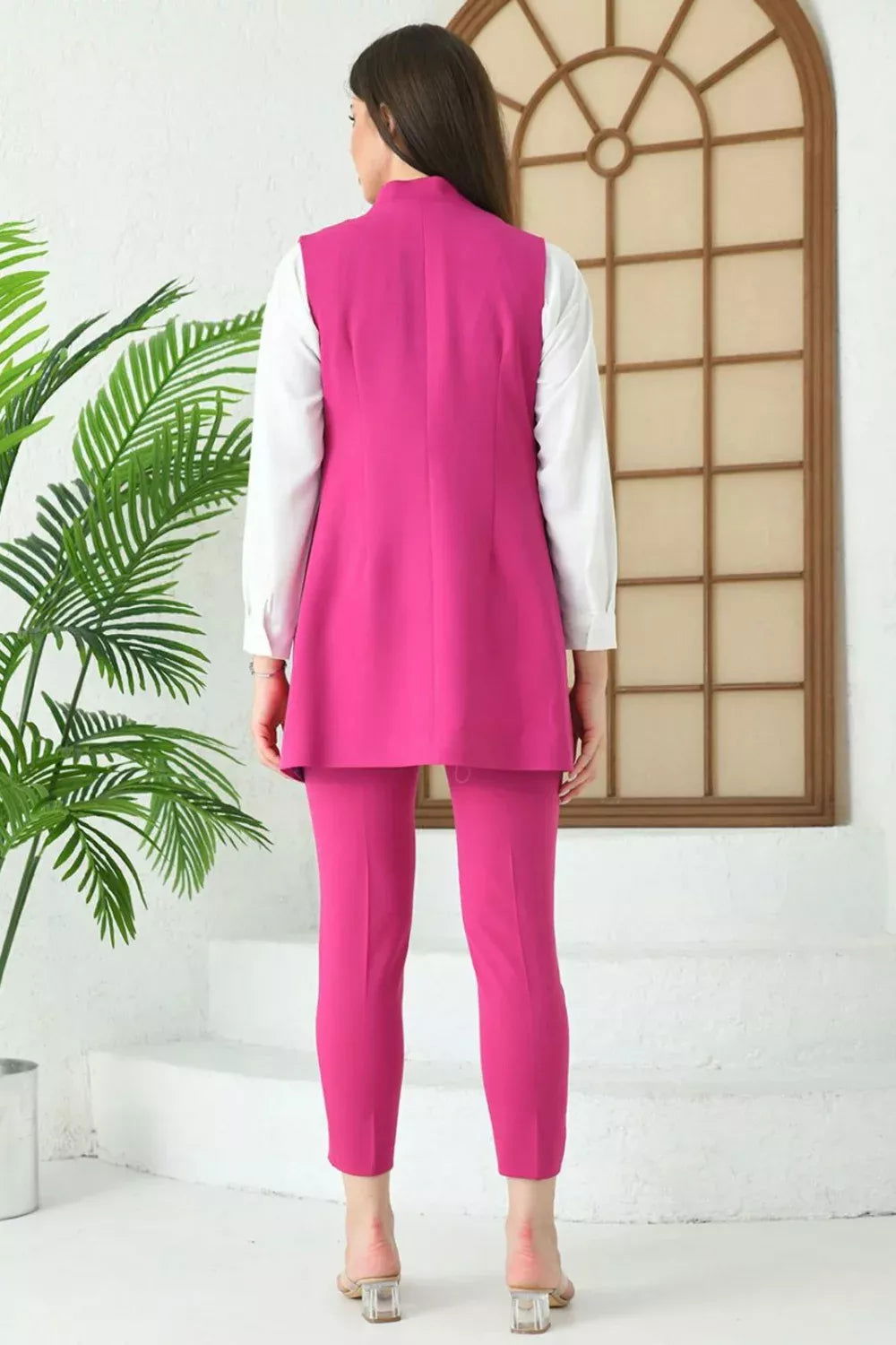 Agraph Detail Vest Suit Fuchsia 