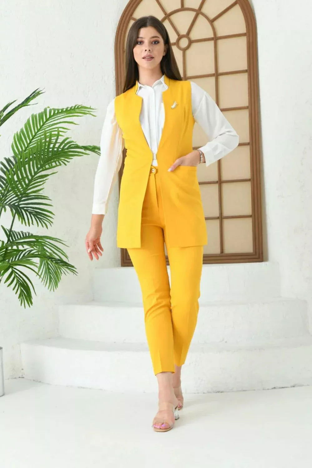 Agraph Detail Vest Suit Mustard Yellow 