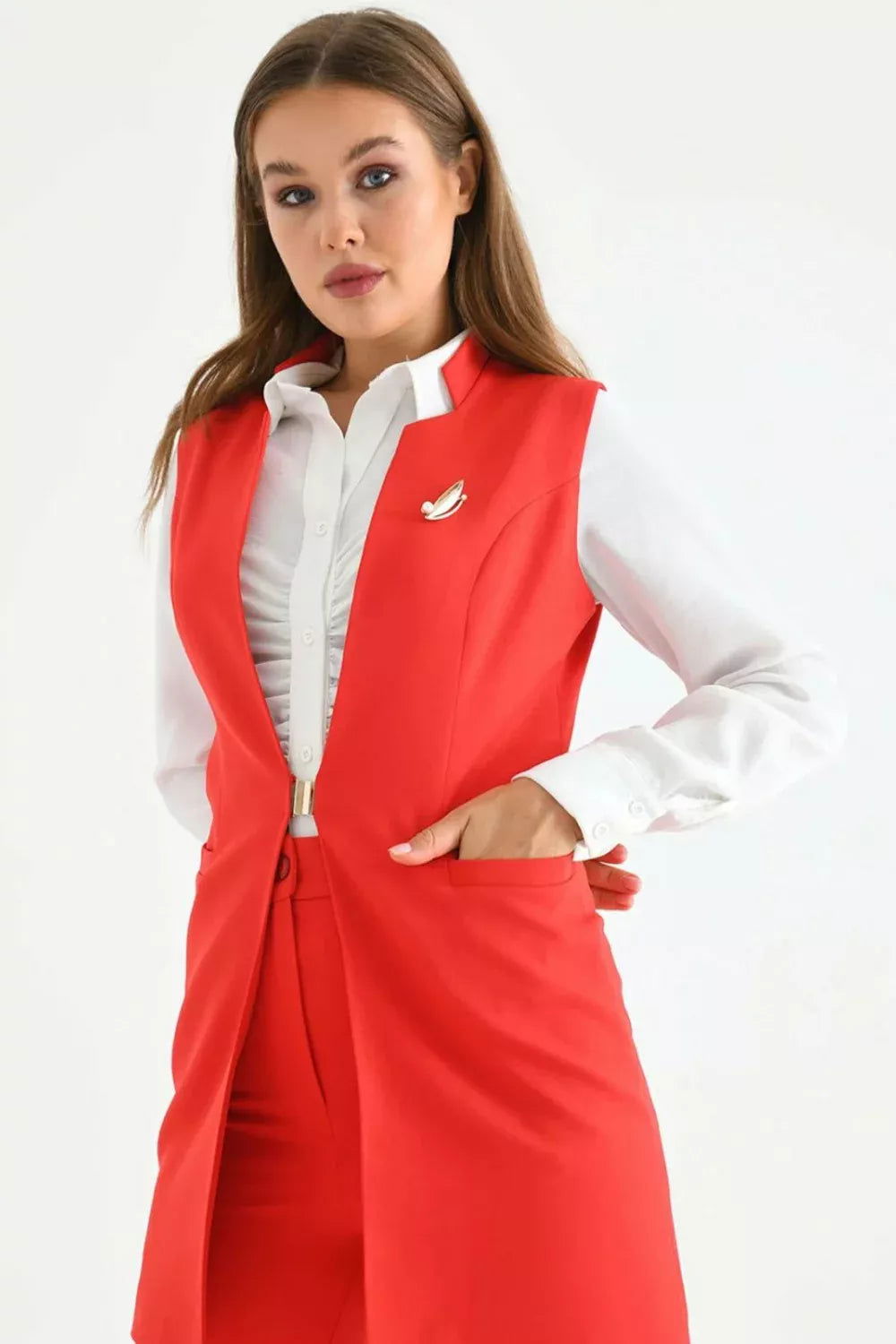 Agraph Detail Vest Suit Red 