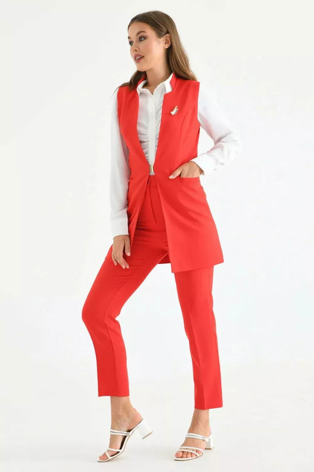 Agraph Detail Vest Suit Red 