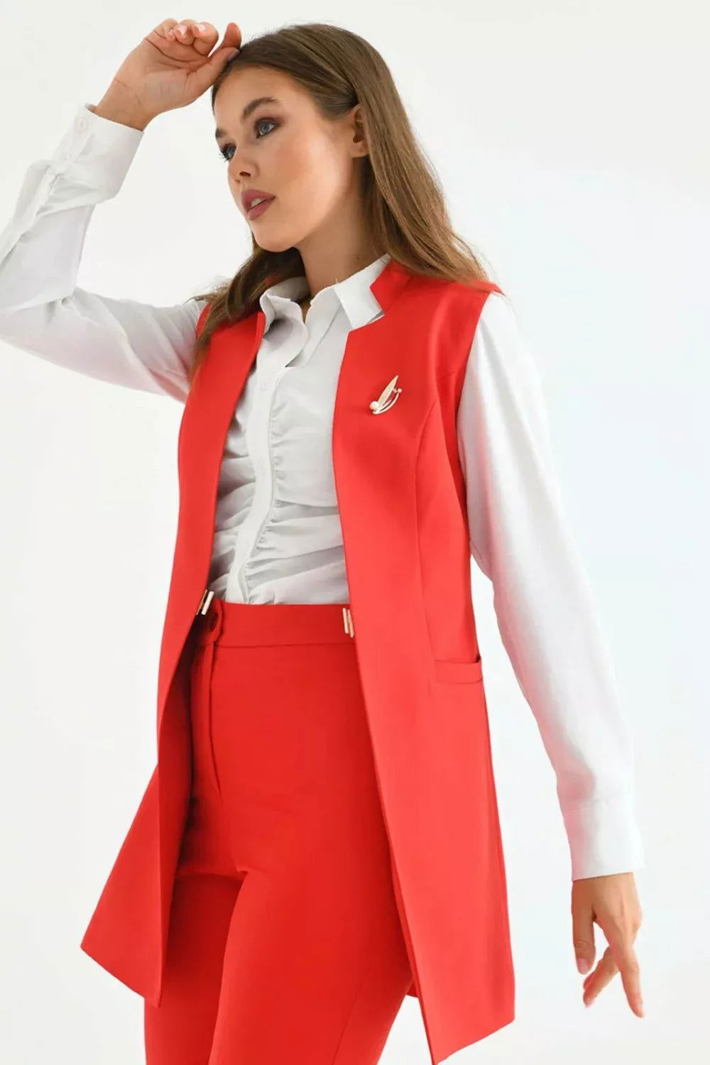 Agraph Detail Vest Suit Red 