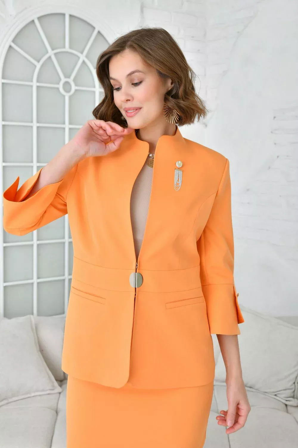 Agraphic Brooch Detail Skirted Suit Orange 