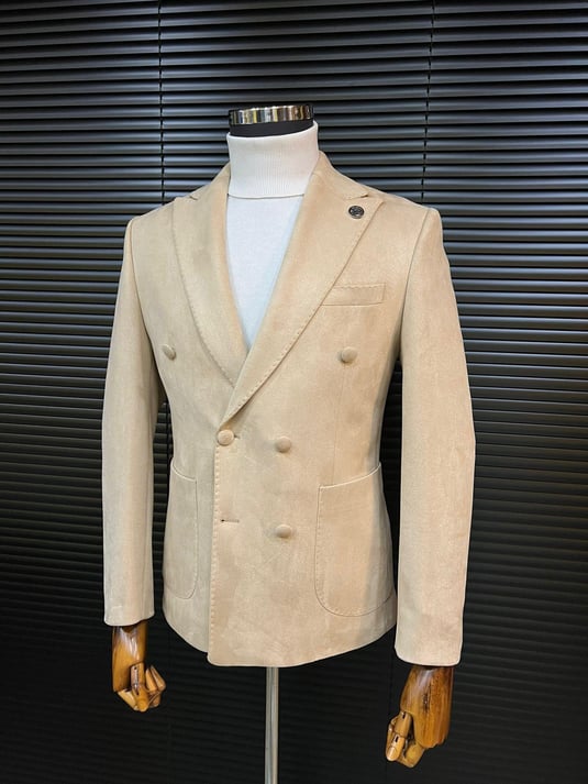 Beige Double-Breasted Velvet Blazer SCB-222 