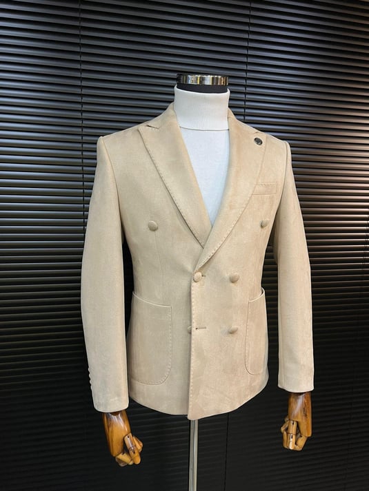 Beige Double-Breasted Velvet Blazer SCB-222 