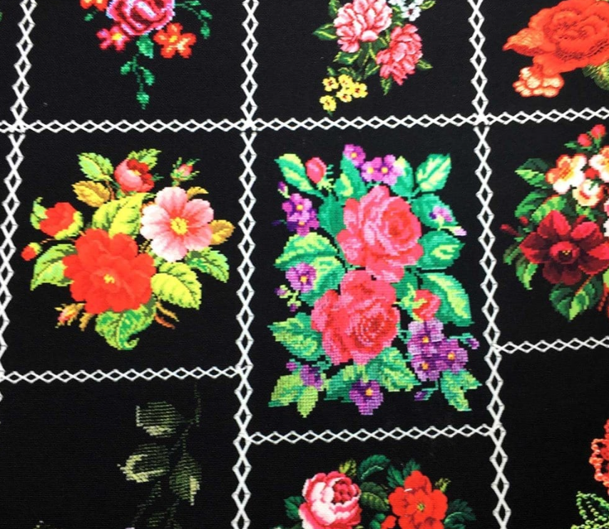 Black Background Cross-Stitch Flower Fabric SCB-426 