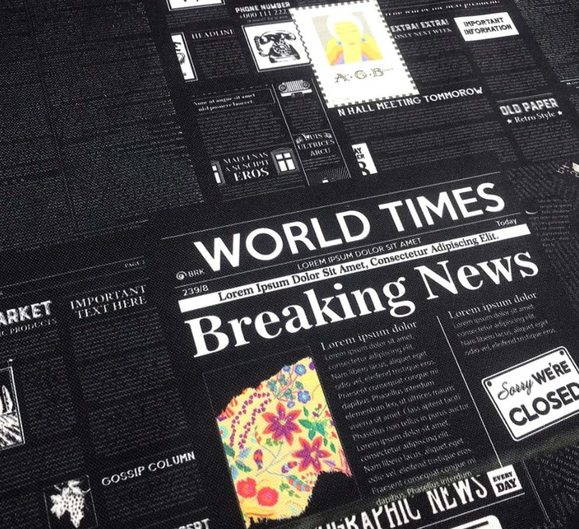 Black Background Newspaper Patterned Fabric SCB086 