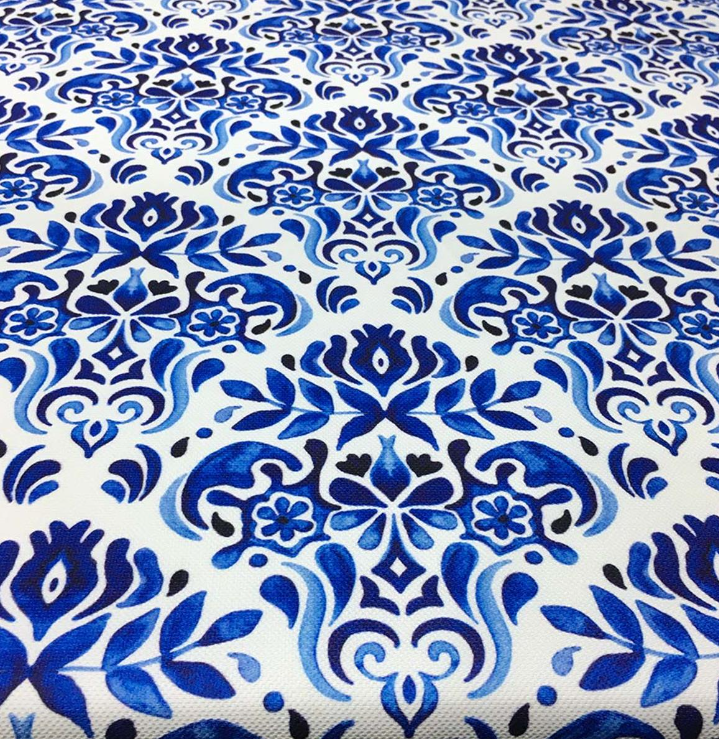 Blue China Damask Patterned Fabric SCB-171. 