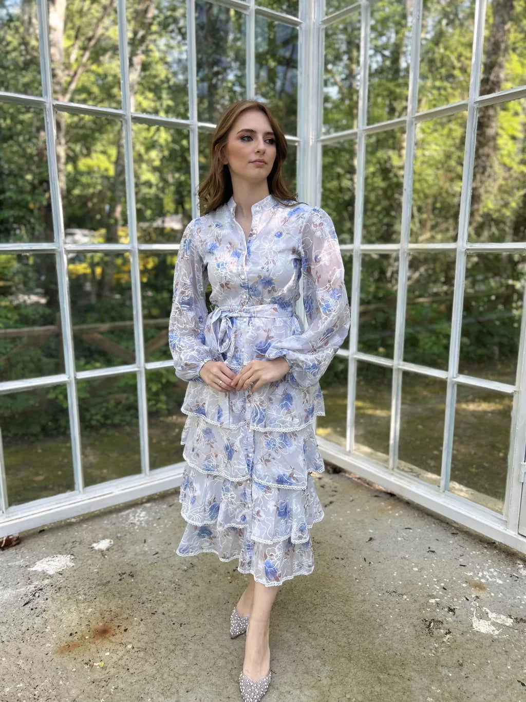 Blue Patterned Volan Dress 