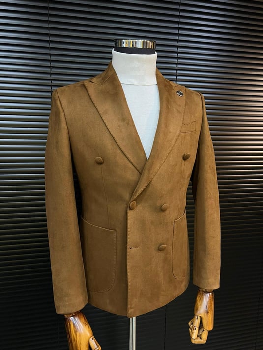 Brown Double-Breasted Velvet Blazer SCB-220 