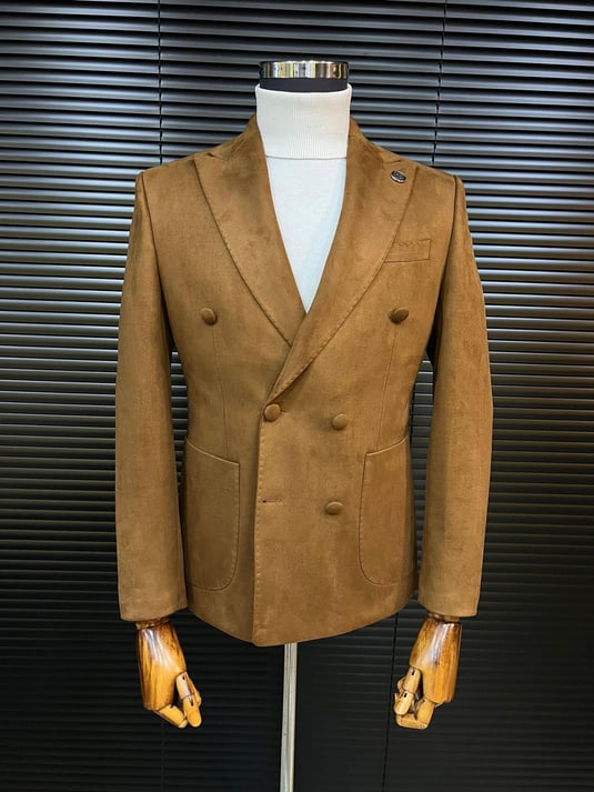 Brown Double-Breasted Velvet Blazer SCB-220 