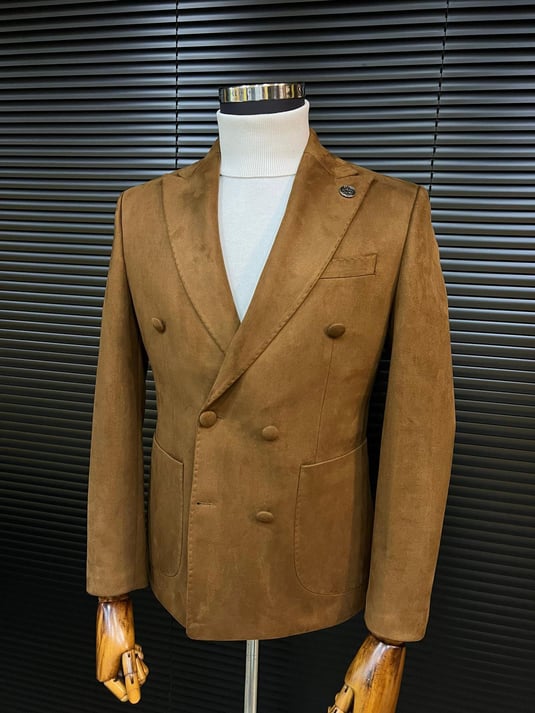 Brown Double-Breasted Velvet Blazer SCB-220 