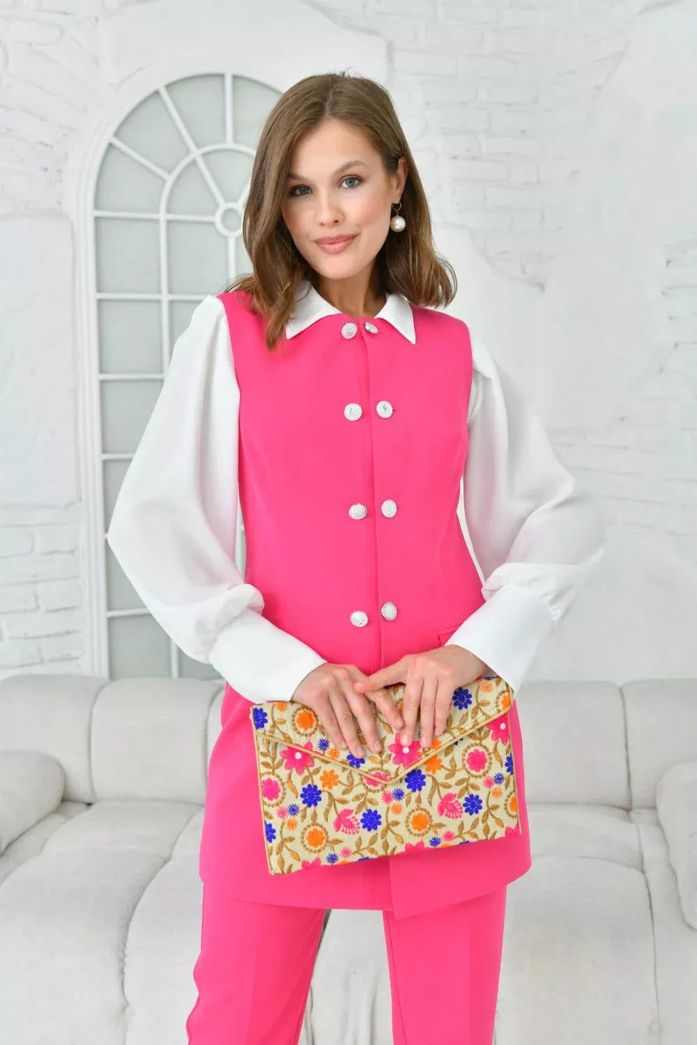 Crew Neck Vest Suit Fuchsia 