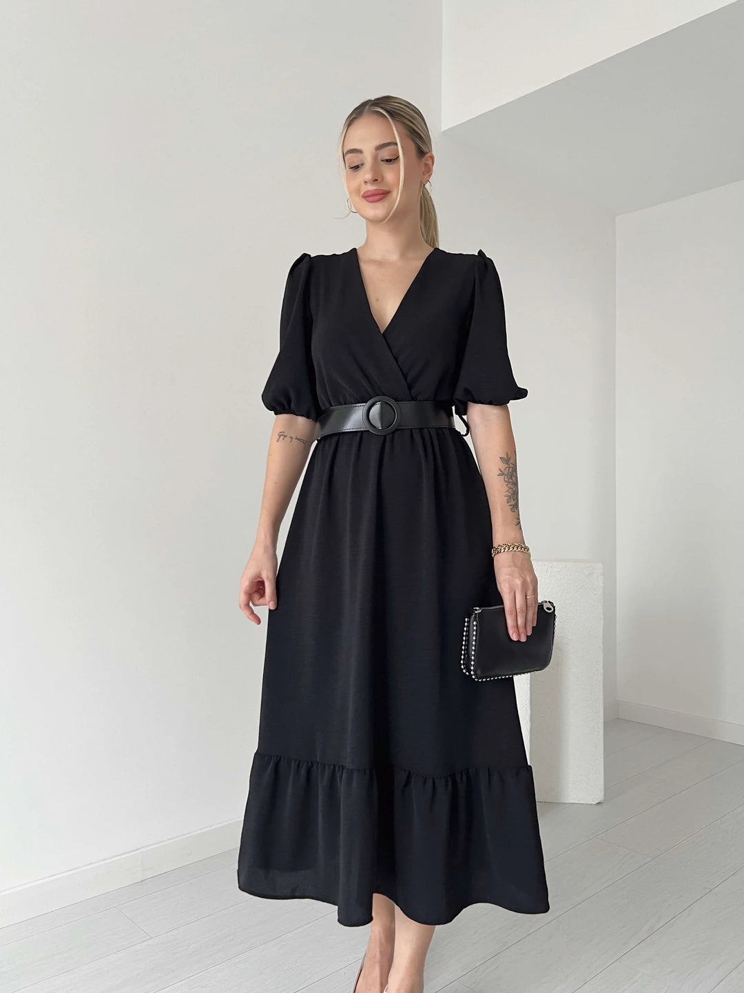 Double-Breasted Collar Belted Dress 