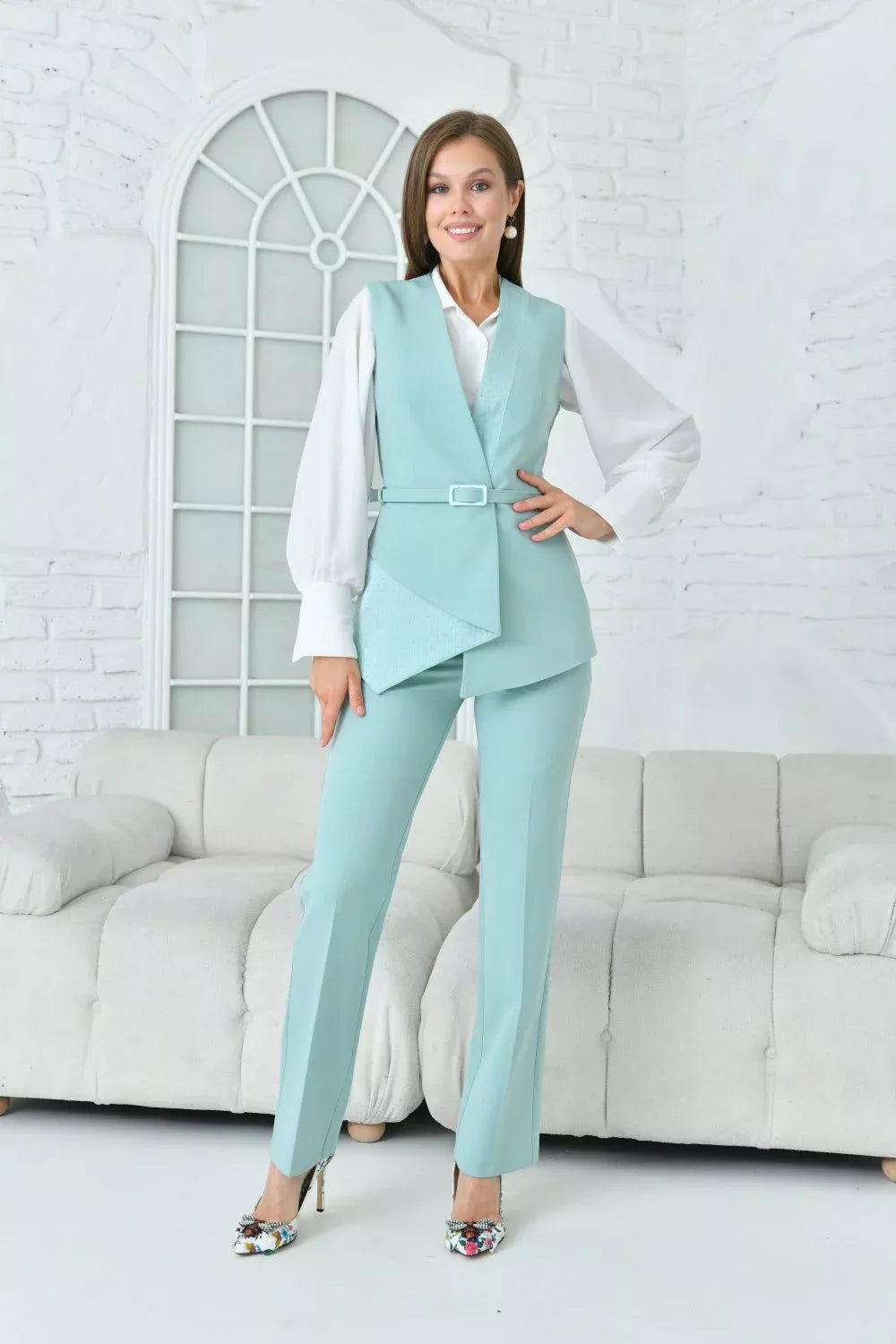 Embroidered Suit with Vest Mint Green 