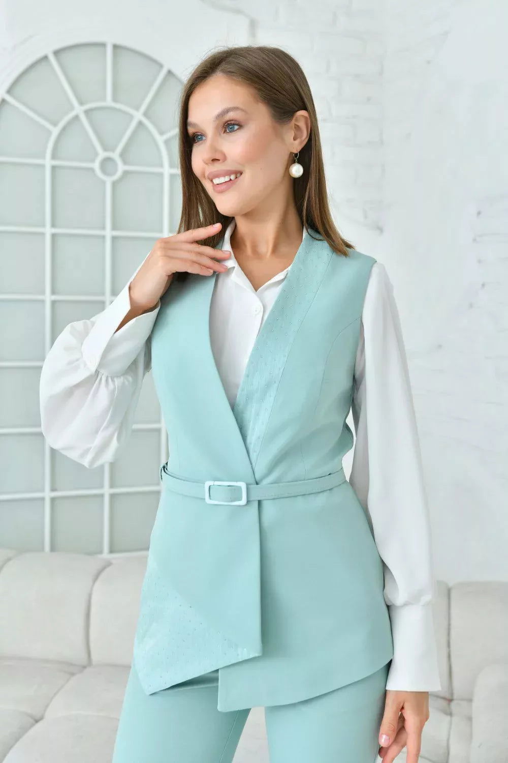 Embroidered Suit with Vest Mint Green 