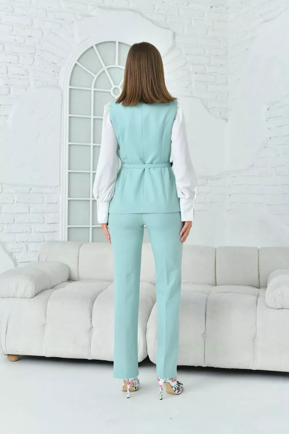 Embroidered Suit with Vest Mint Green 