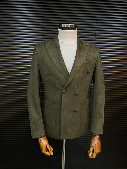 Khaki Green Double-Breasted Velvet Blazer SCB-223 