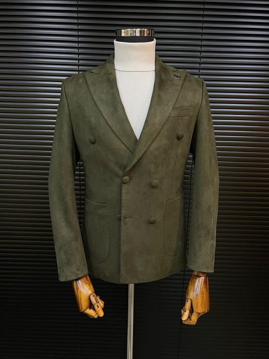 Khaki Green Double-Breasted Velvet Blazer SCB-223 