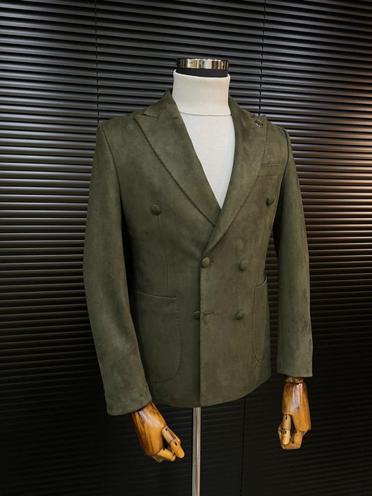 Khaki Green Double-Breasted Velvet Blazer SCB-223 