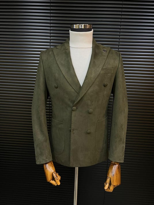 Khaki Green Double-Breasted Velvet Blazer SCB-223 