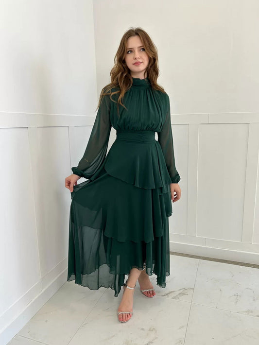 Layered Emerald Chiffon Dress-H 