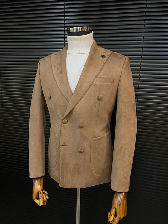 Milk Coffee Double-Breasted Velvet Blazer SCB-219 