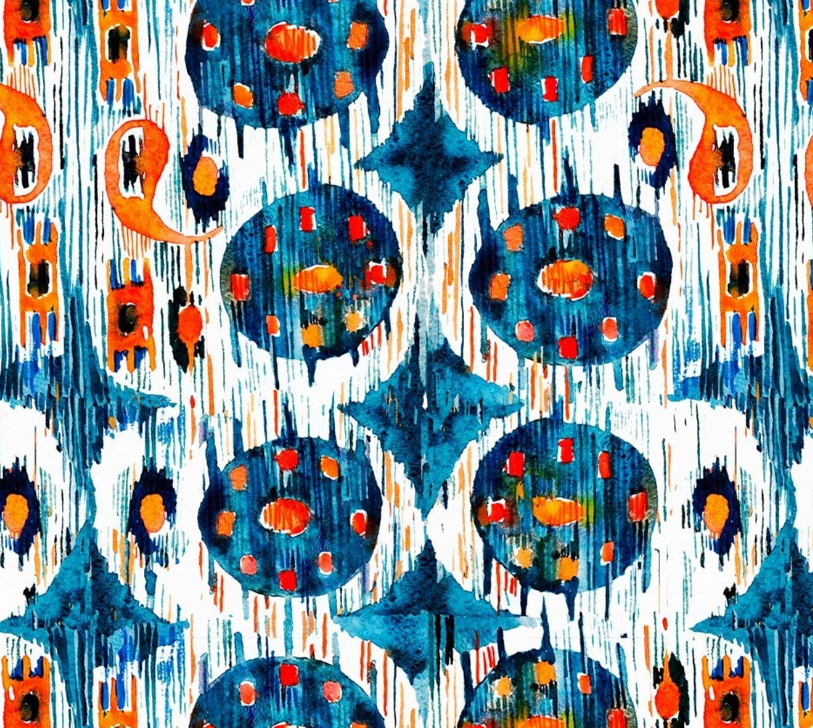 Navy Blue and Orange Ikat Patterned Fabric SCB-438 