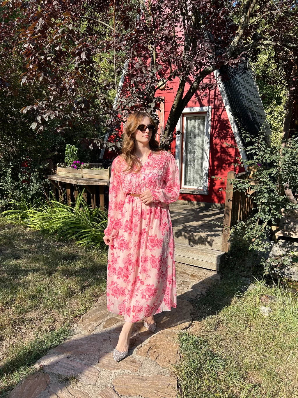 Pink Floral Belted Chiffon Dress 