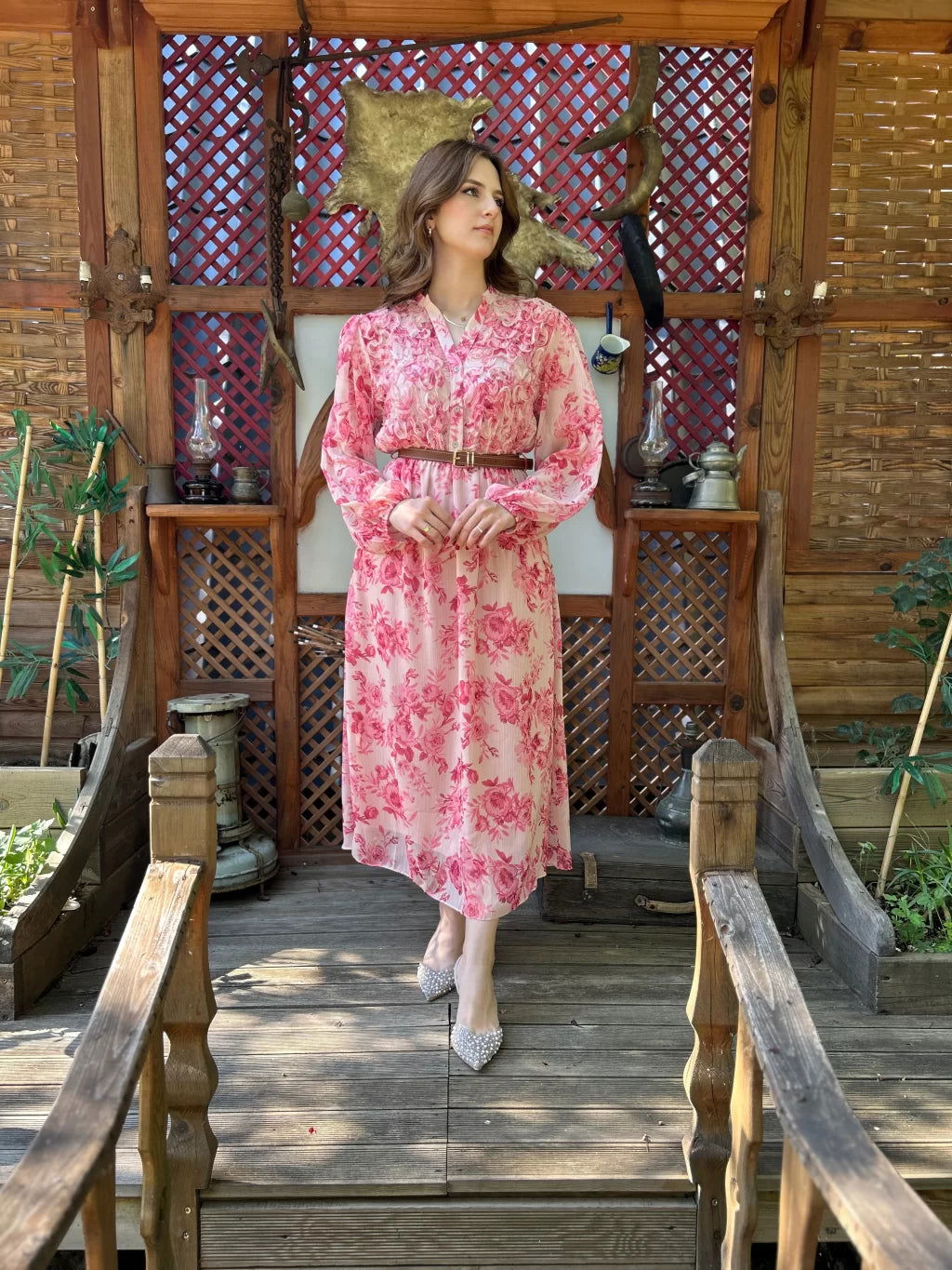 Pink Floral Belted Chiffon Dress 