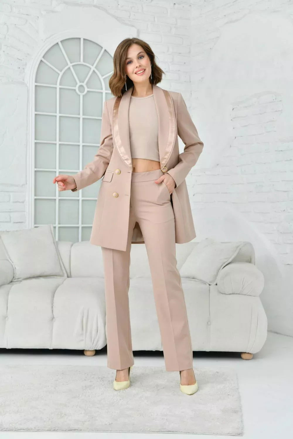 Satin Banded 4 Button Suit Beige 