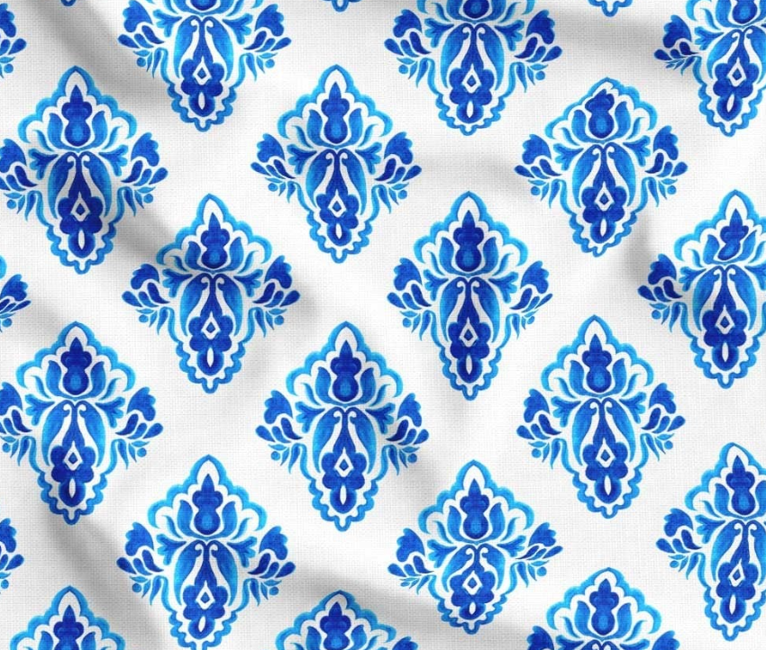 Blue Watercolor Damask Patterned Fabric SCB-378