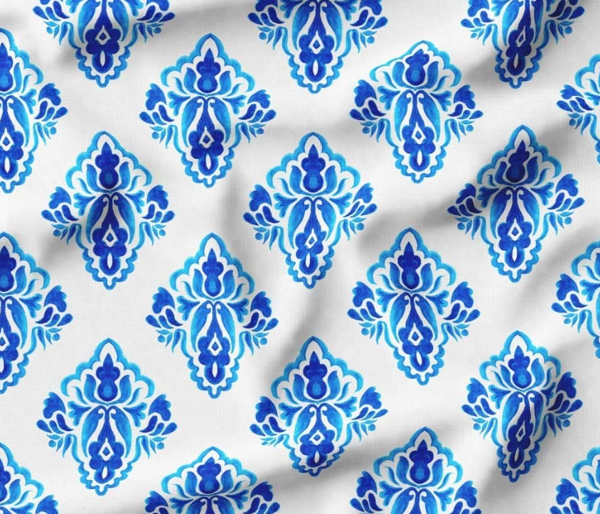 Blue Watercolor Damask Patterned Fabric SCB-378