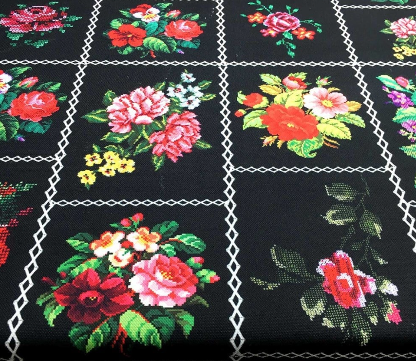 Black Background Cross-Stitch Flower Fabric SCB-426